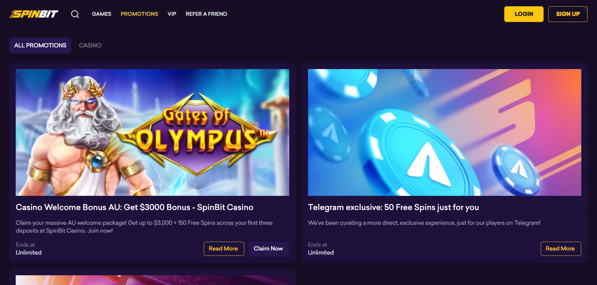 SpinBit promotions page with the Casino Welcome Bonus AU card for $3000 and the Telegram exclusive 50 free spins card