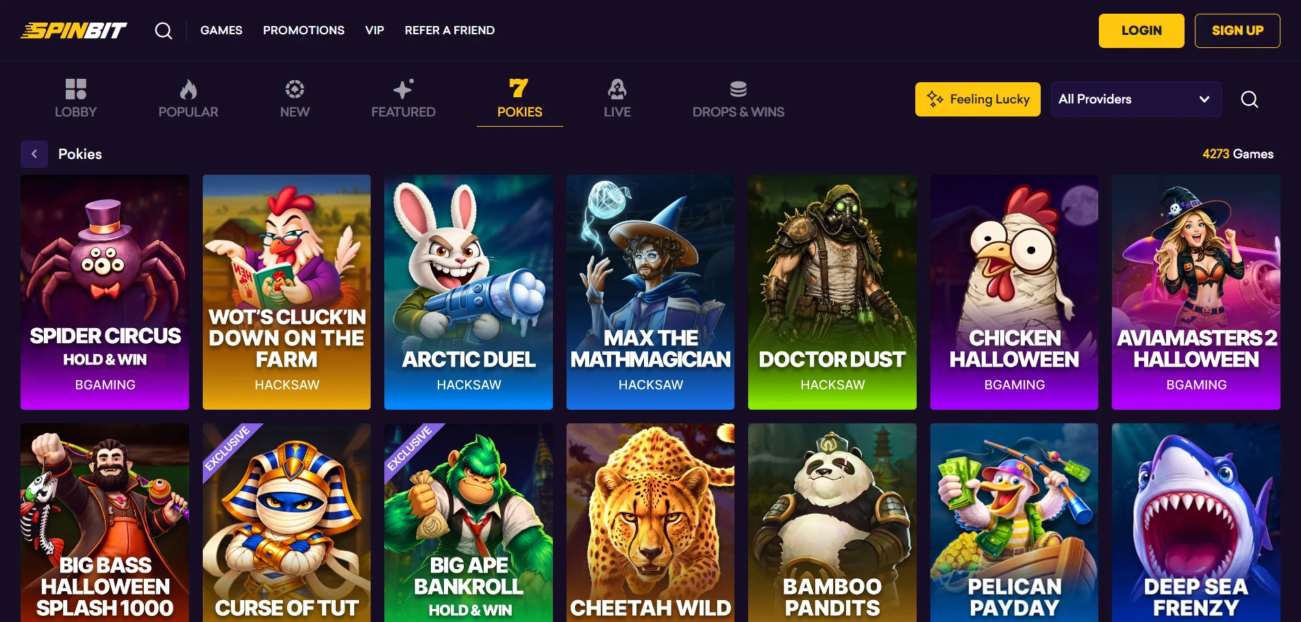 SpinBit pokies lobby showing 4273 games with BGaming and Hacksaw Gaming tiles such as Spider Circus and Arctic Duel
