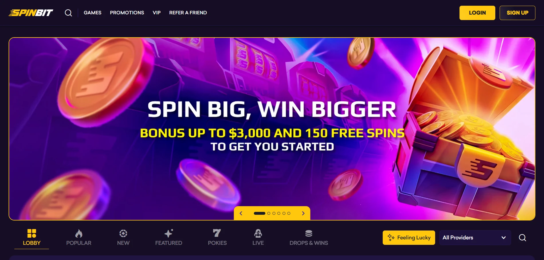 SpinBit home page with the Spin Big, Win Bigger banner offering a bonus up to $3,000 and 150 free spins