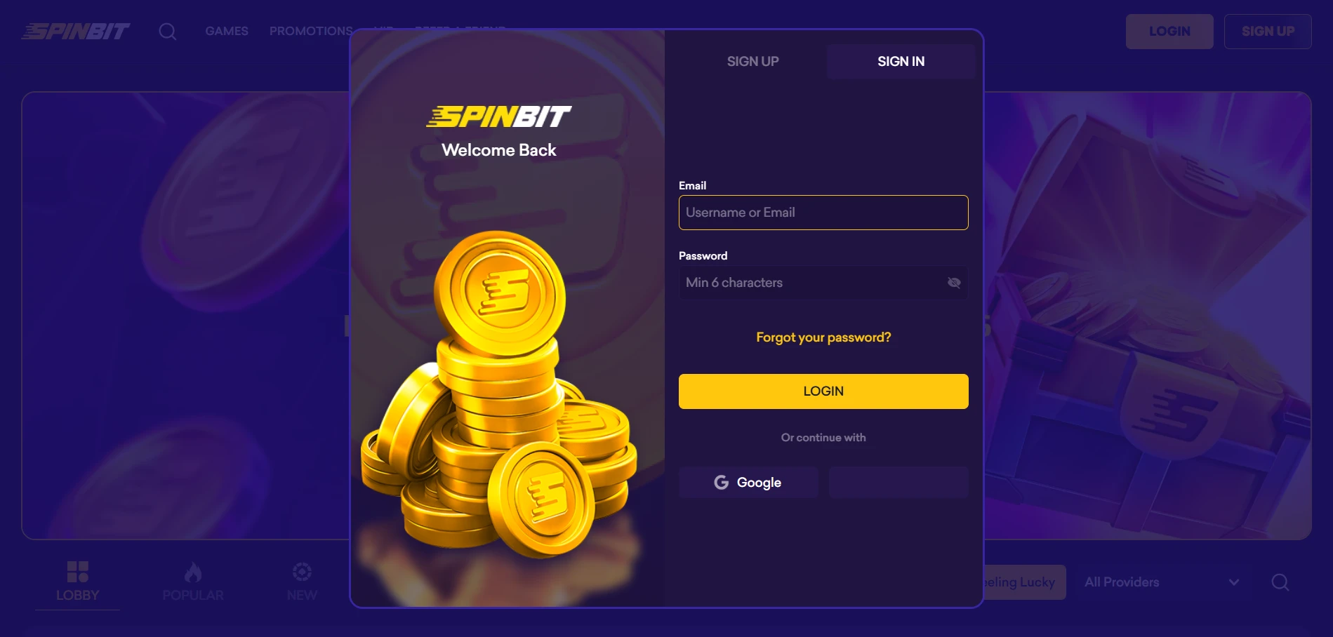 SpinBit login pop-up with Username or Email and Password fields, a yellow Login button and a Google button