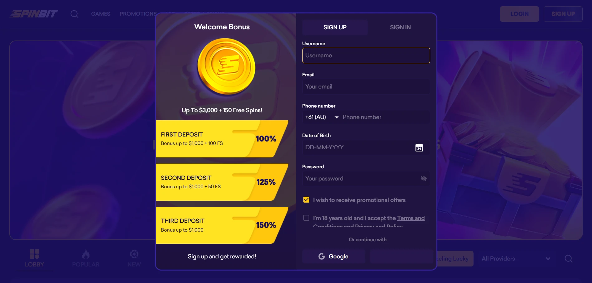 SpinBit sign-up form beside the welcome bonus tiers